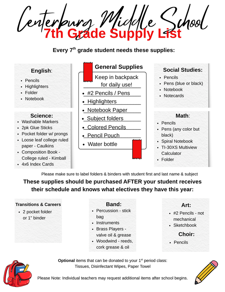 7th Grade Supply List