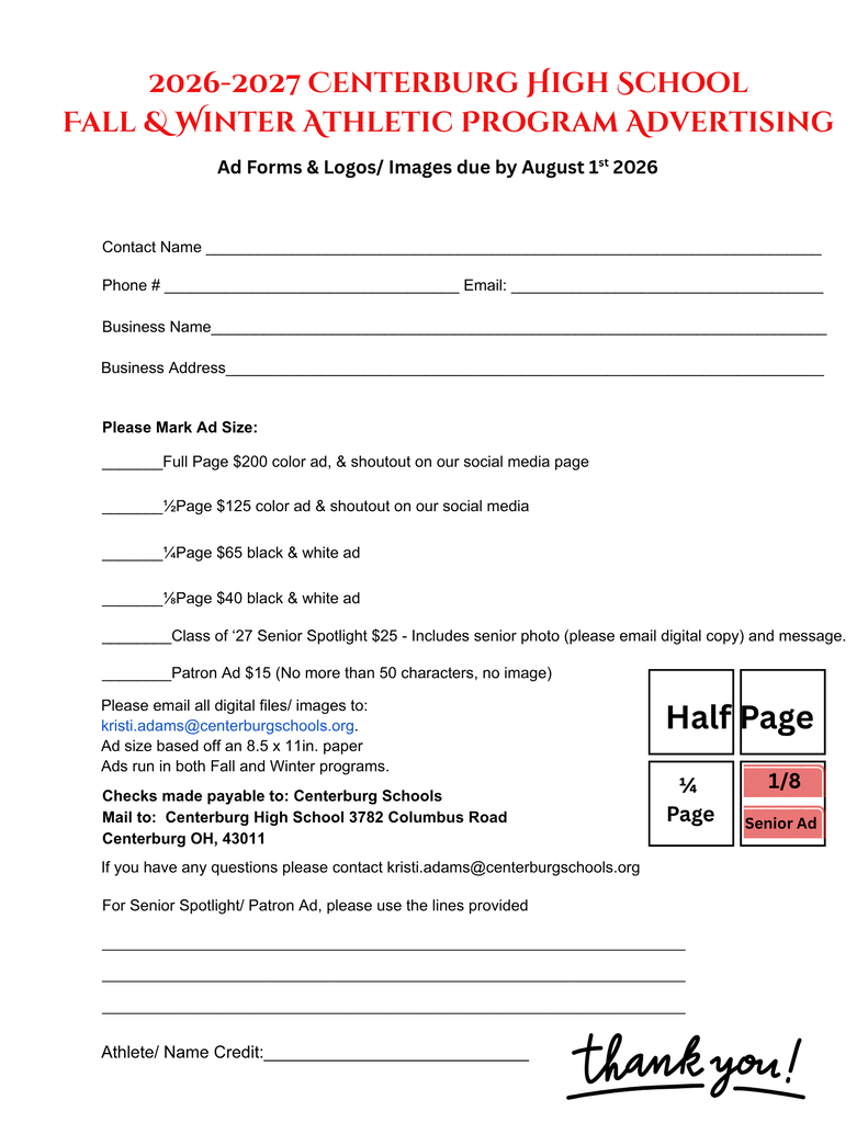 Fall & Winter Athletic Program Ad Form