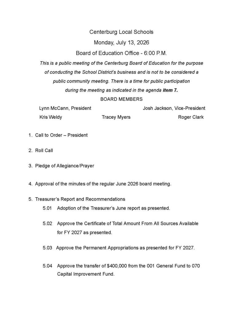 Centerburg July School Board Agenda