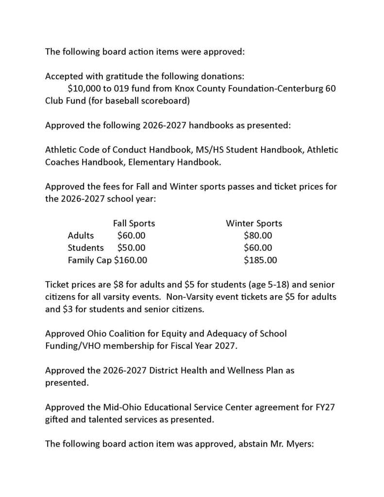 Centerburg Board of Education July Update