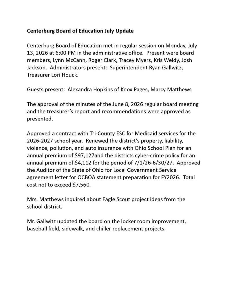 Centerburg Board of Education July Update