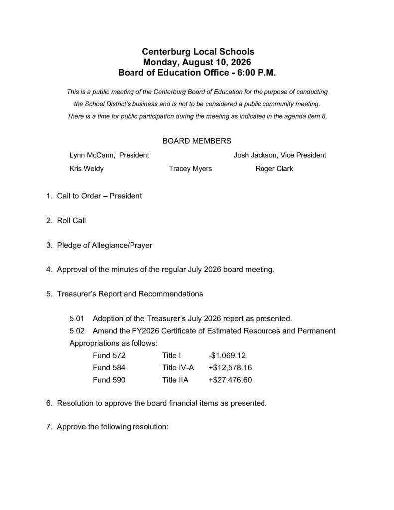 August School Board Agenda