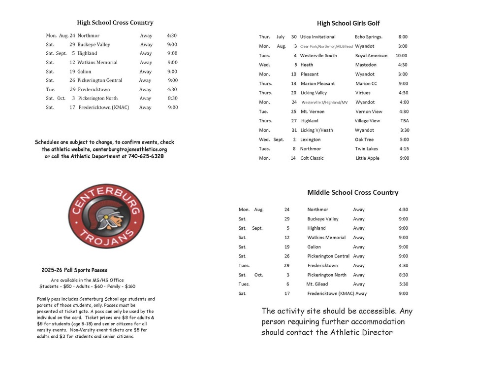 2026-2027 Fall Sports Schedule