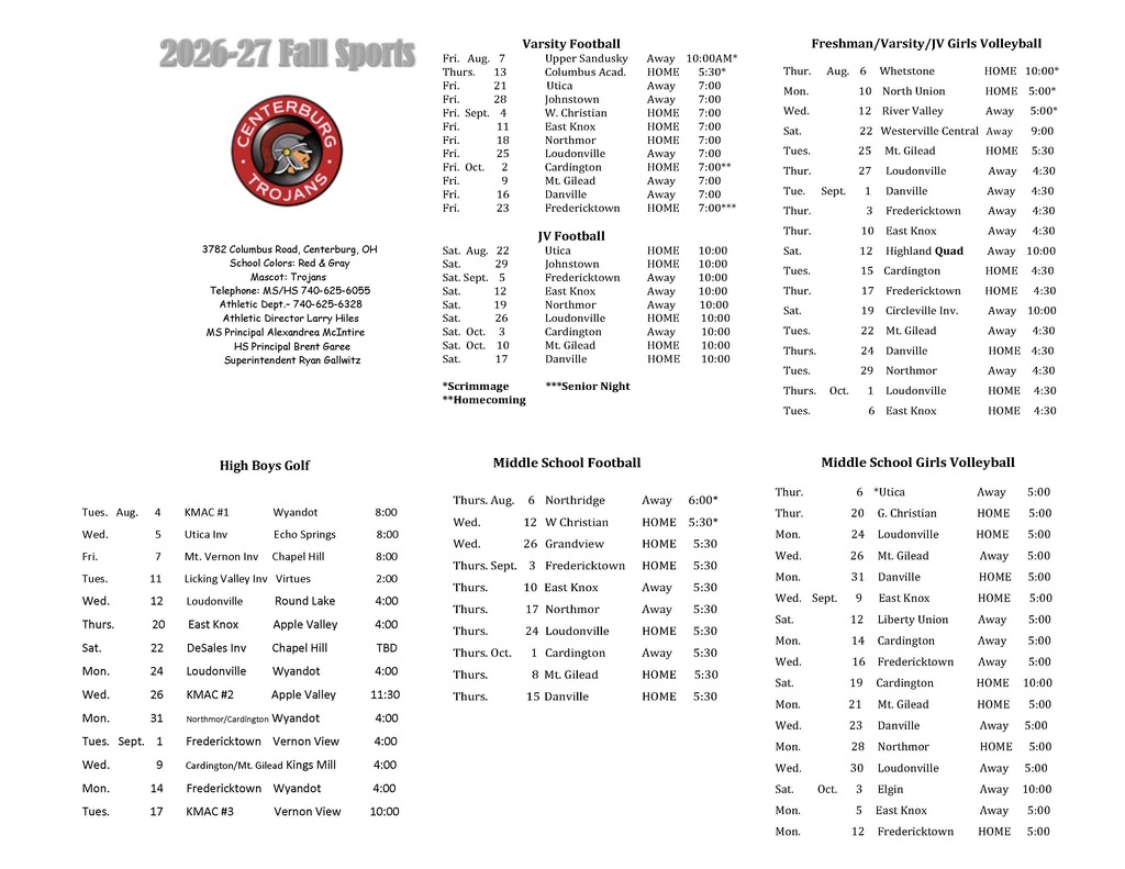 2026-2027 Fall Sports Schedule