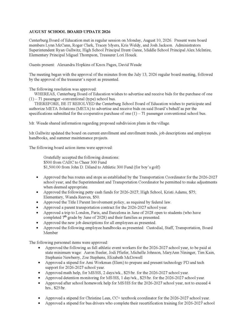 August School Board Update 2026