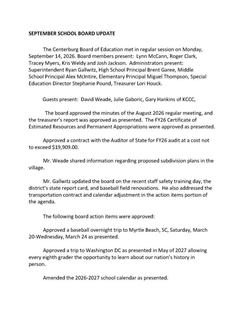 September School Board Update