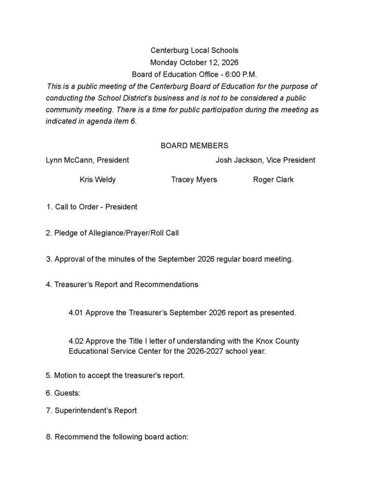 October School Board Agenda
