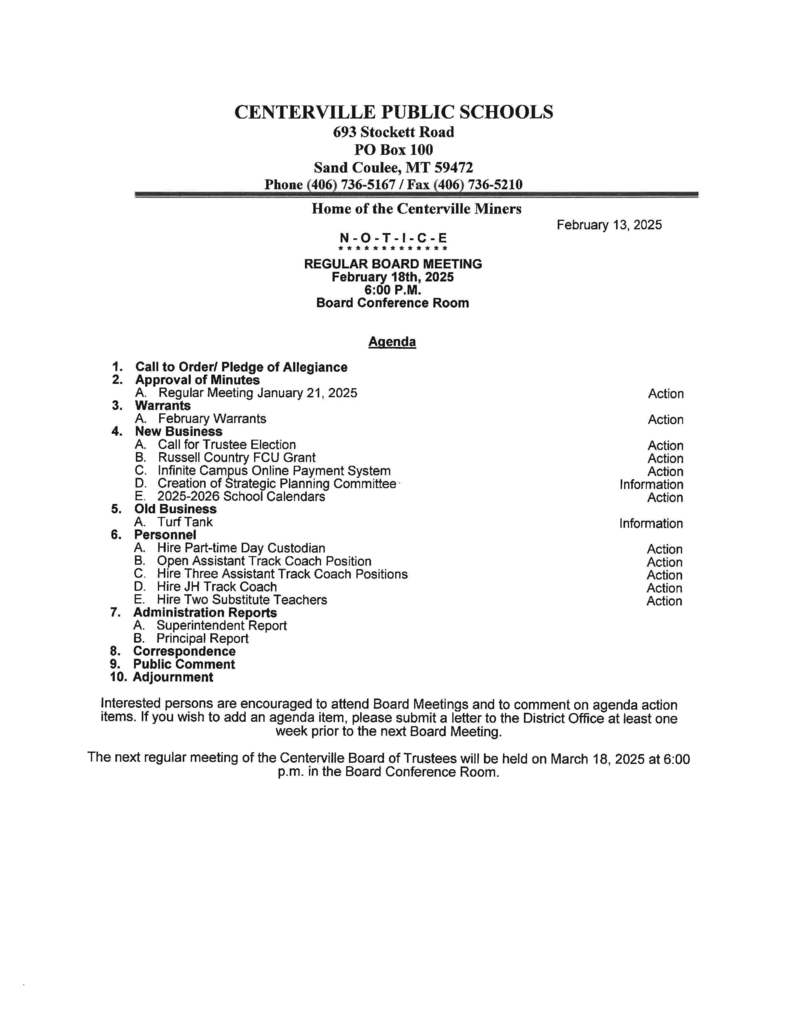 school board meeting agenda 2-18-25