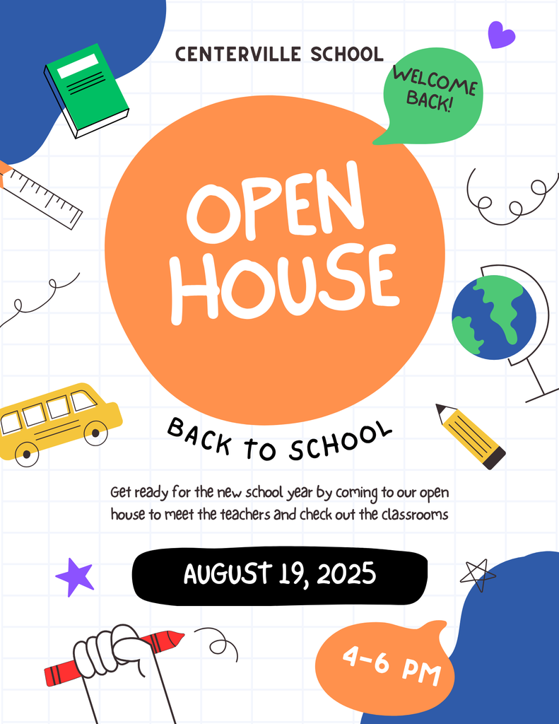 book, heart, globe, school bus, crayon, star, pencil, ruler with open house info