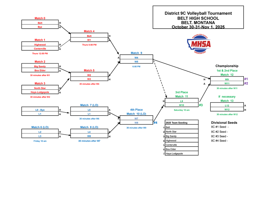 Volleyball District Tournament Bracket, MHSA logo with shape of MT