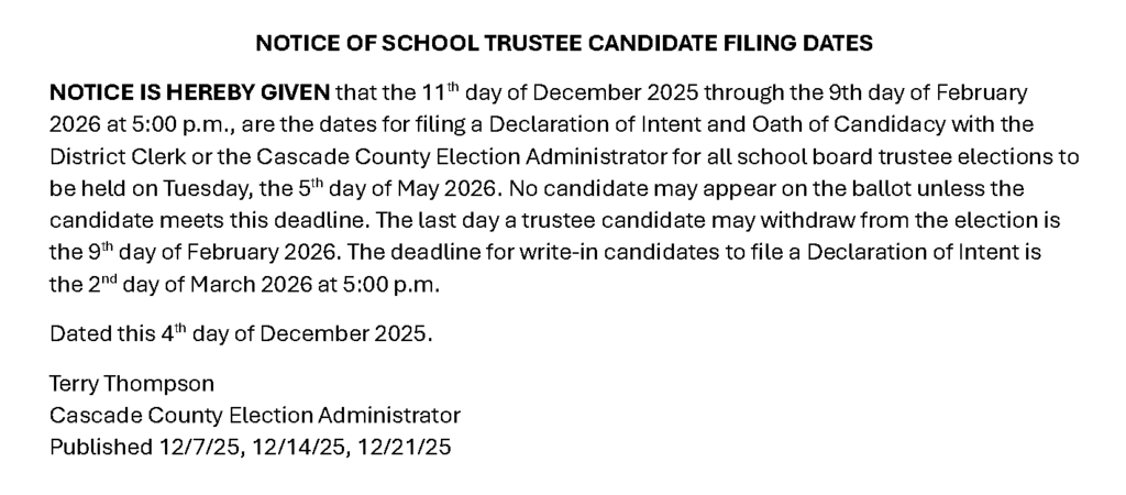 2026 Notice of School Trustee Candidate Filing Dates