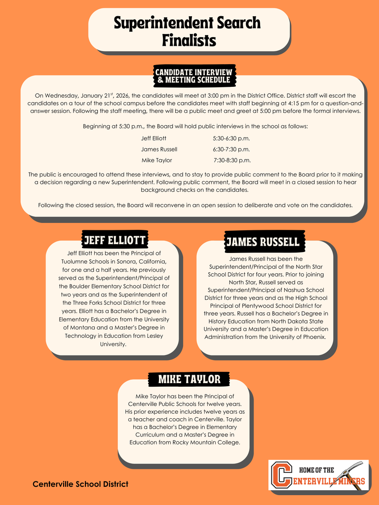 "home of the centerville miners" with pickaxe, schedule and bios of superintendent candidates