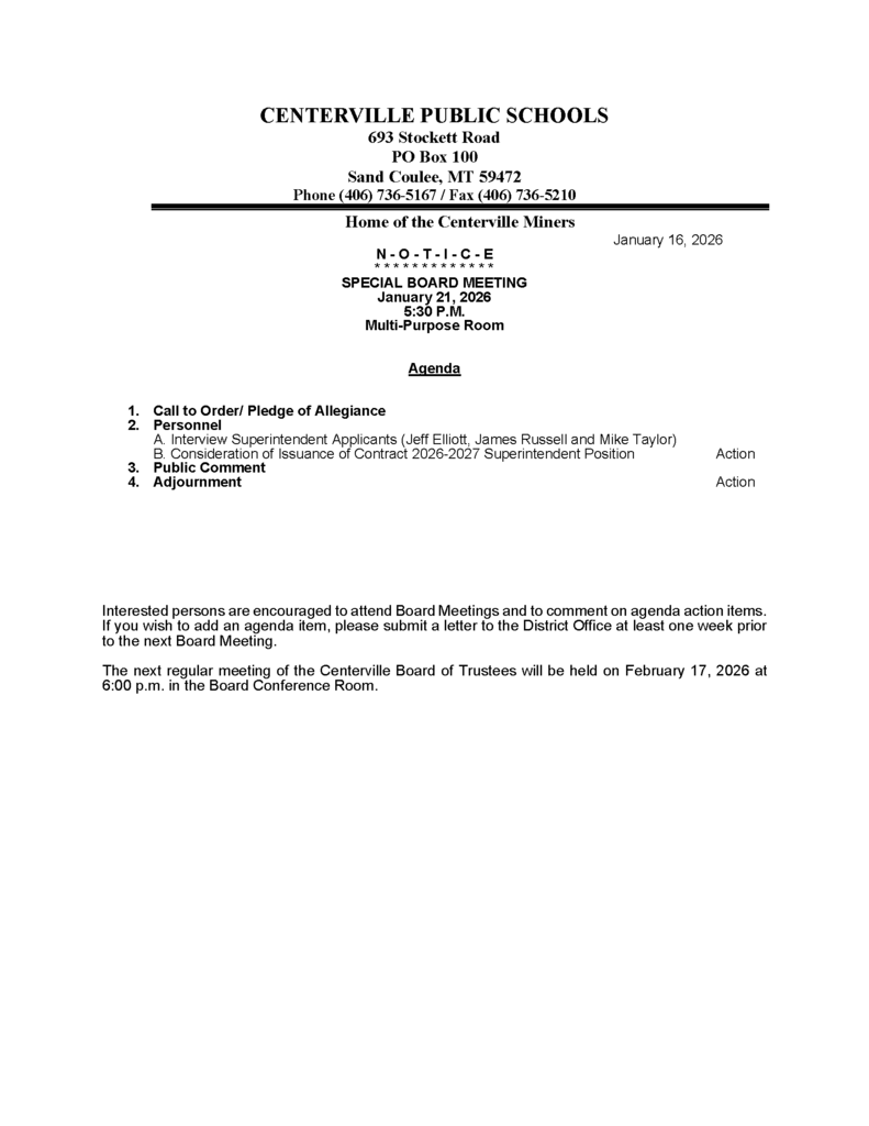board agenda for Jan 21, 2026