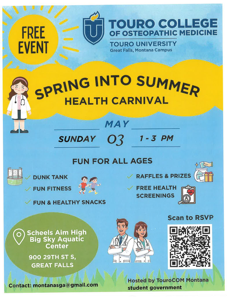 sun, 3 doctors in lab coats, qr code, dunk tank, 2 kids running, jar of raffle tickets next to a present, clipboard with heart and magnifying glass, grass, clouds, Touro College logo