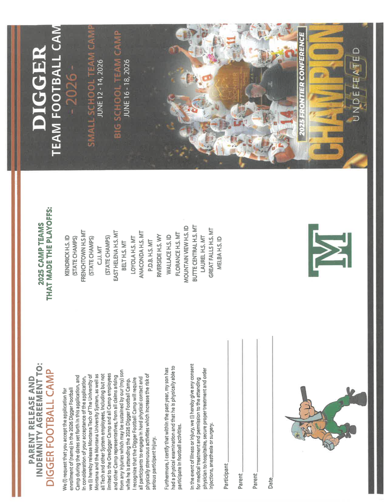 football players in uniform, coach, Montana Tech logo, Montana Tech mascot - miner
