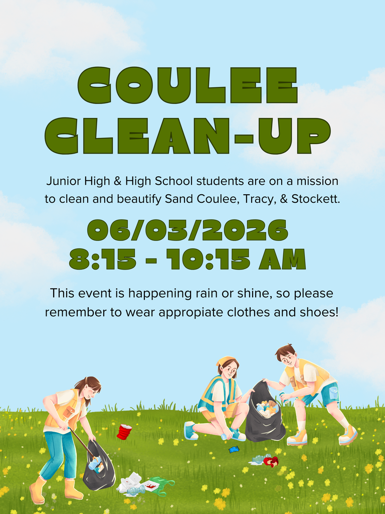 three kids in a field picking up litter, blue sky with clouds, info about a clean up