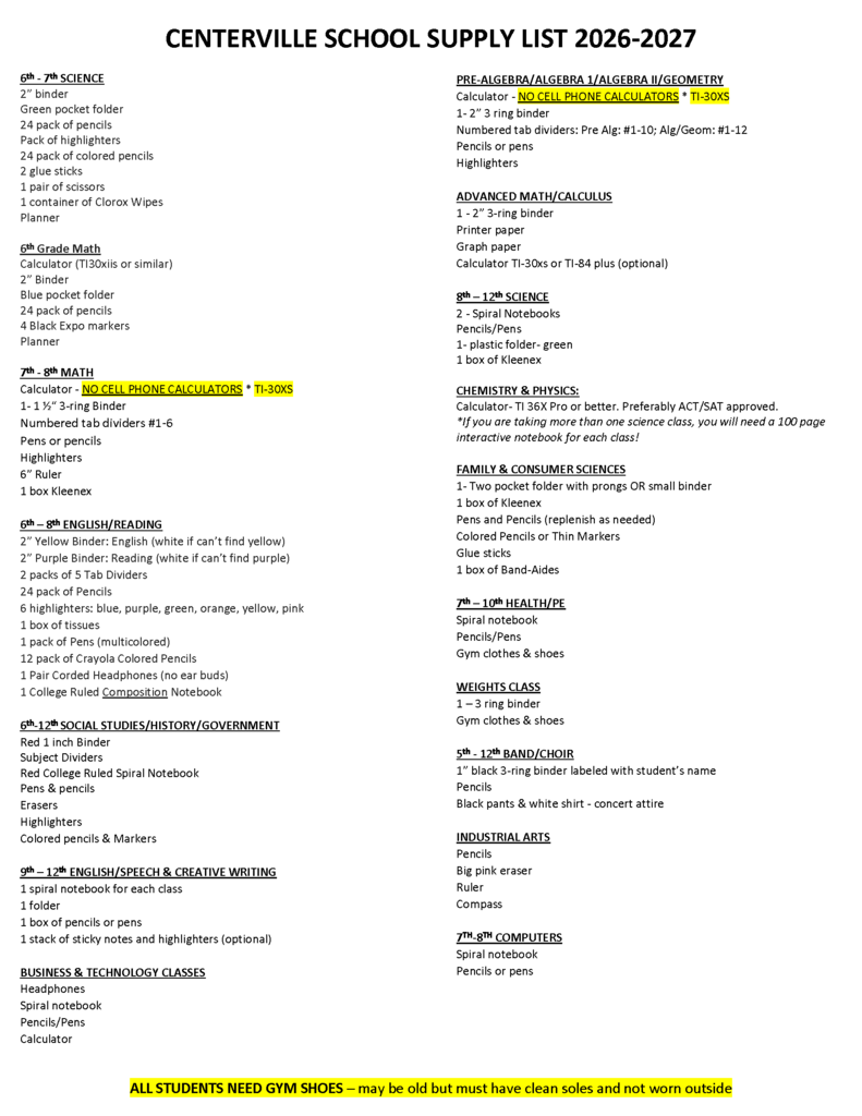 School Supply List 26-27