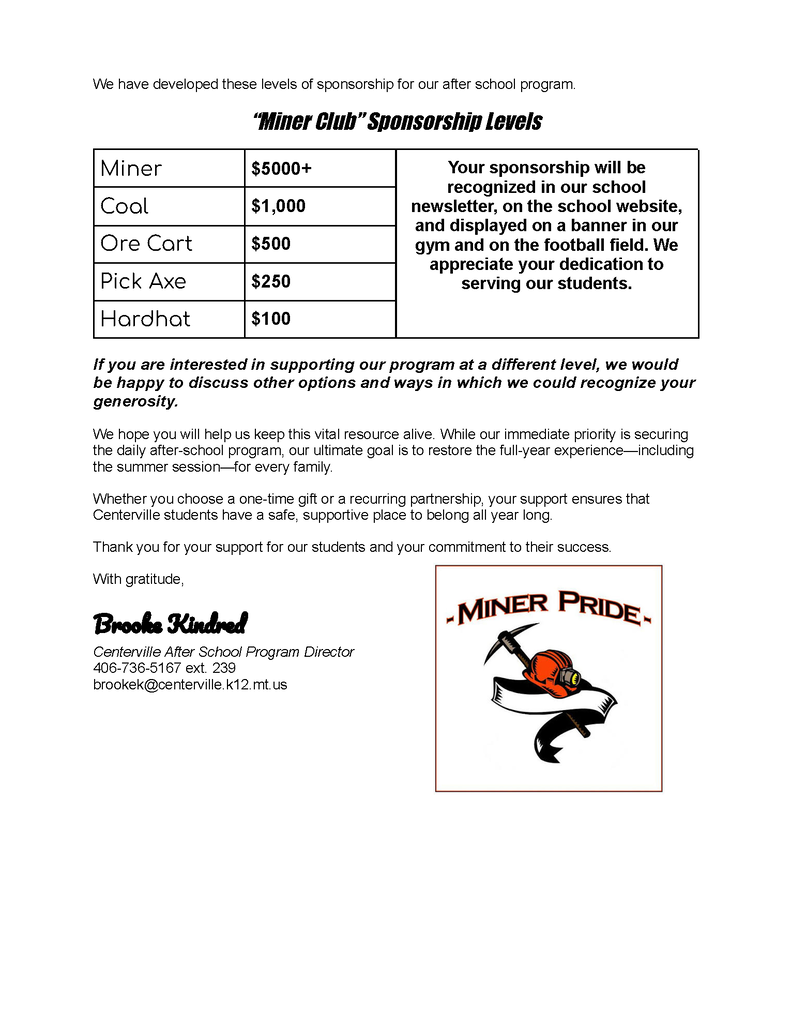sponsorship levels table, miner pride logo with hard hat, ribbon, and pick axe