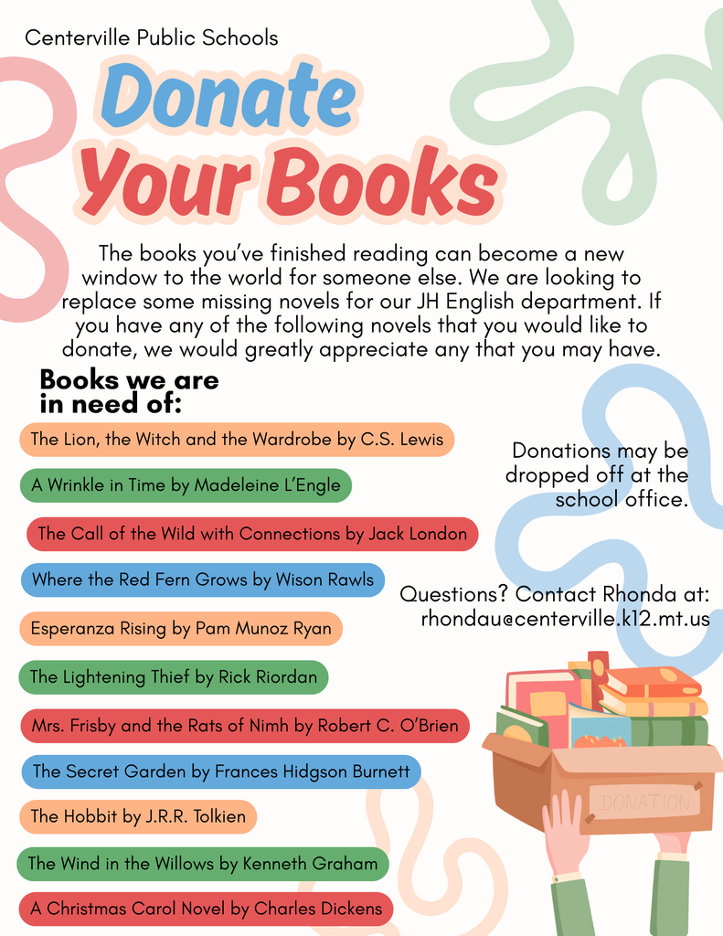 hands holding up a carboard box of books, squiggly lines, list of novels