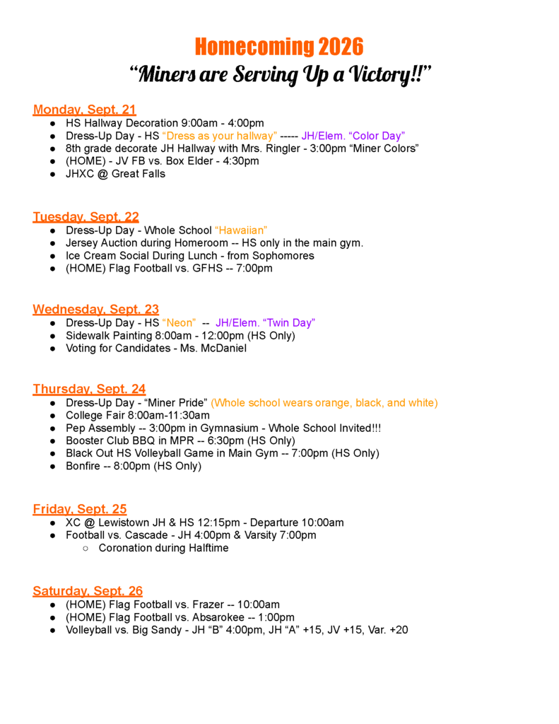 Homecoming Schedule Sept 21-26, 2026