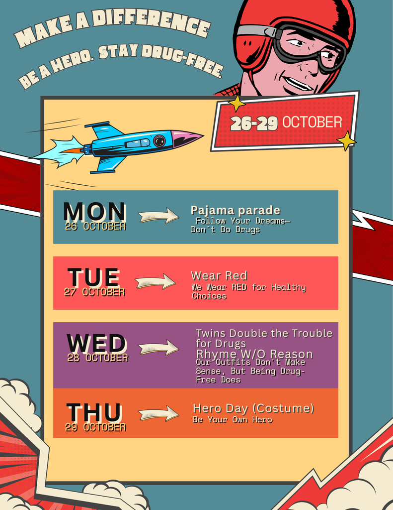 man wearing helmet and goggles, rocket, clouds, description of dress up theme for each day