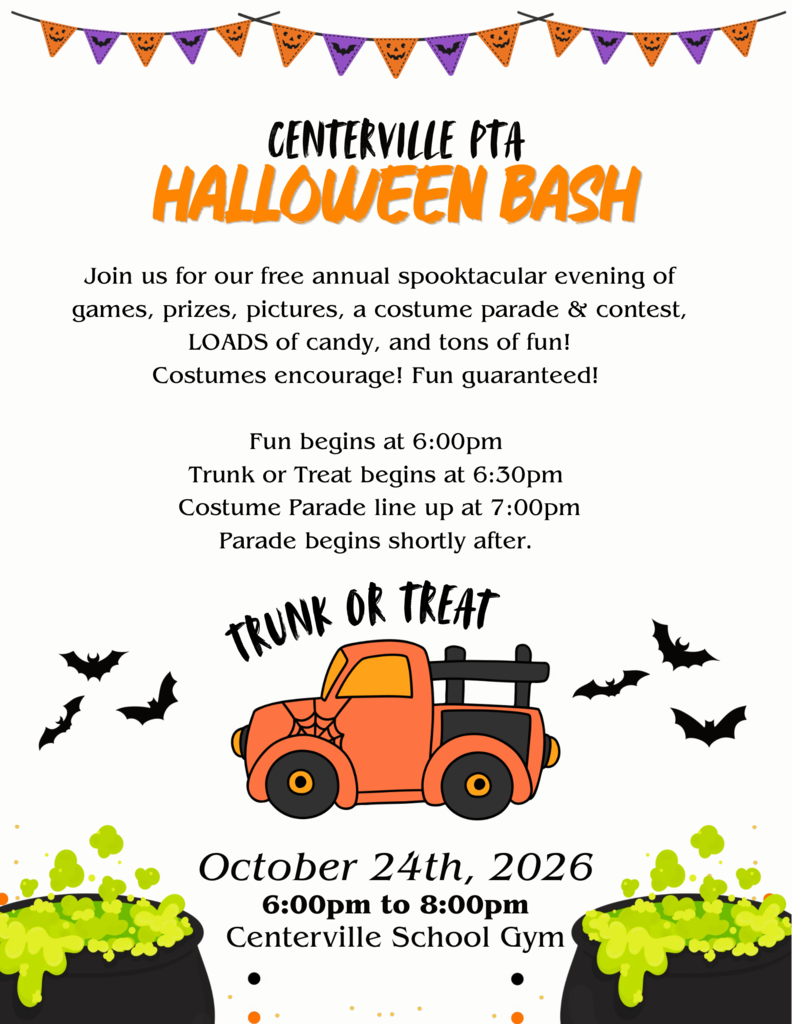 Halloween banner, truck with cobweb, bats, two witch's cauldrons