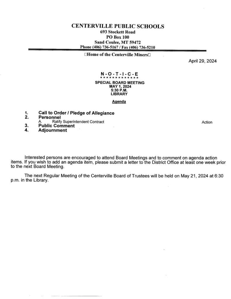 Special Board Mtg May 1st