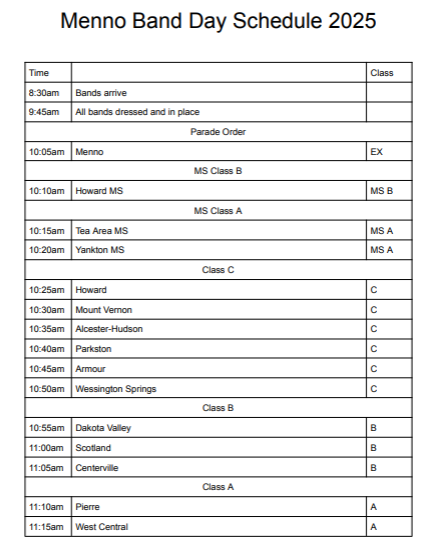 Menno Marching Band Schedule