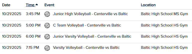 Volleyball schedule vs Baltic