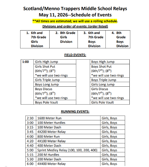 JH Track @ Menno Schedule