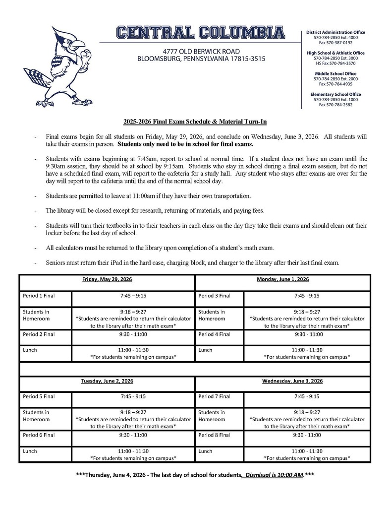 2025-2026 Final Exam Schedule
