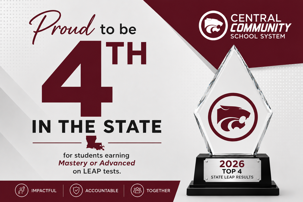 Graphic celebrating Central Community School System's 2026 LEAP results. The graphic reads, "Proud to be 4th in the State" for students earning Mastery or Advanced on LEAP tests. A trophy labeled "2026 Top 4 State LEAP Results" is displayed beside the Central Community School System logo. The bottom highlights the district's core values: Impactful, Accountable, and Together.