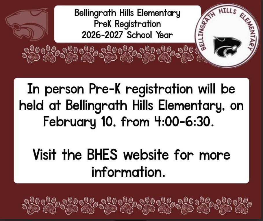 📚🐾 Bellingrath Hills Elementary Pre-K Registration 🐾📚 2026–2027 School Year In-person Pre-K registration will be held at Bellingrath Hills Elementary on February 10, 2026, from 4:00–6:30 PM. 📍 Location: Bellingrath Hills Elementary 🗓 Date: February 10, 2026 ⏰ Time: 4:00–6:30 PM For more information, please visit the BHES website at https://bellingrathhills.centralcss.org/o/bhes We look forward to welcoming our newest Wildcats! 🖤