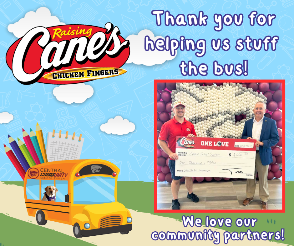 Raising Cane's, Thank you for helping us stuff the bus! We love our community partners! 