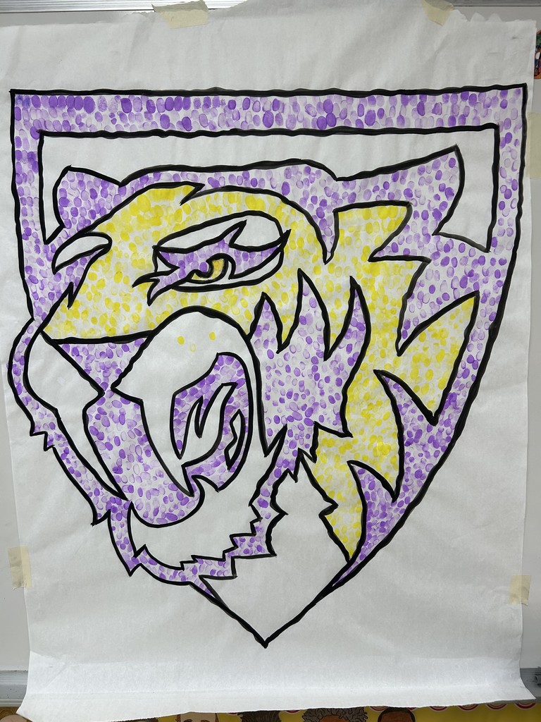 Saber Logo art project with all of Ekstrand Elementary's staff and student "paw prints"