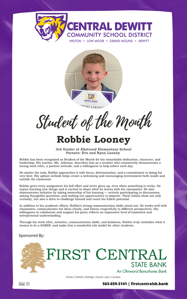 Robbie Looney - September 2025 District Student of the Month