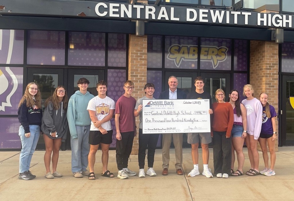 CDhS Honor Roll students accepting donation from DeWitt Bank & Trust Co. 