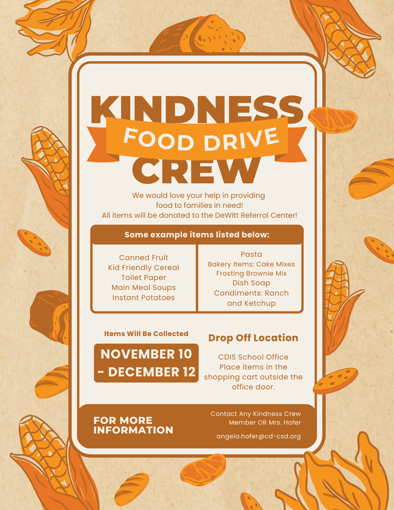 Flyer with list of items needed for the Kindness Crew Food Drive