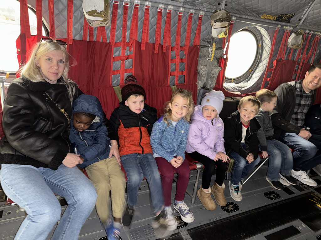 Preschoolers learning about Chinooks at Mt. Joy Aviation Hangar