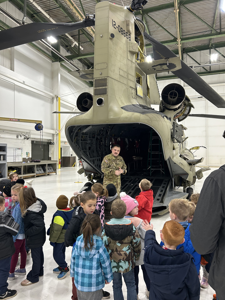 Preschoolers learning about Chinooks at Mt. Joy Aviation Hangar