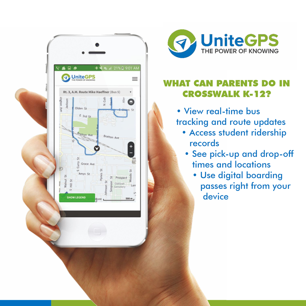 Hand holding a phone that shows the Crosswalk K-12 app