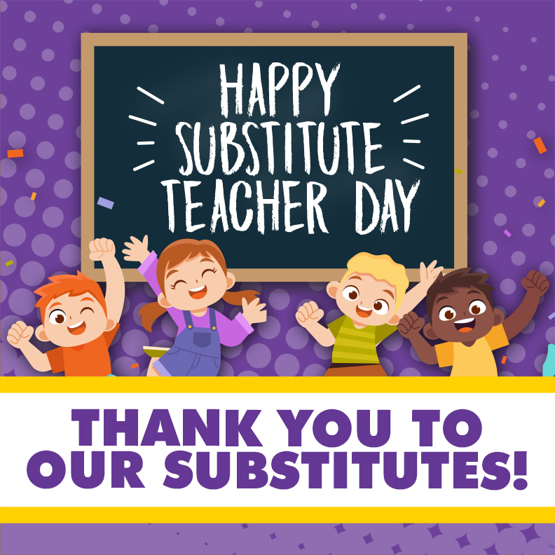 Kids celebrating in front of a chalkboard that says "Happy Substitute Teacher Day"