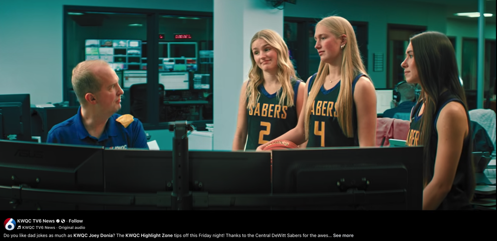Saber basketball players Kinley Birt, Ava Putman and Zoey Fuglsang in a KWQC TV6 commercial with Joey Donia