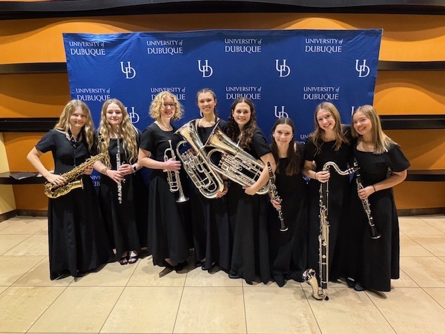 Mikaylie Miller, Chloe Erskine, Anna Prosise, Emily Sutton, Melanie Miller, Trinity Tague, Marie Klostermann, & Adelynne Meyer at University of Dubuque Honor Band