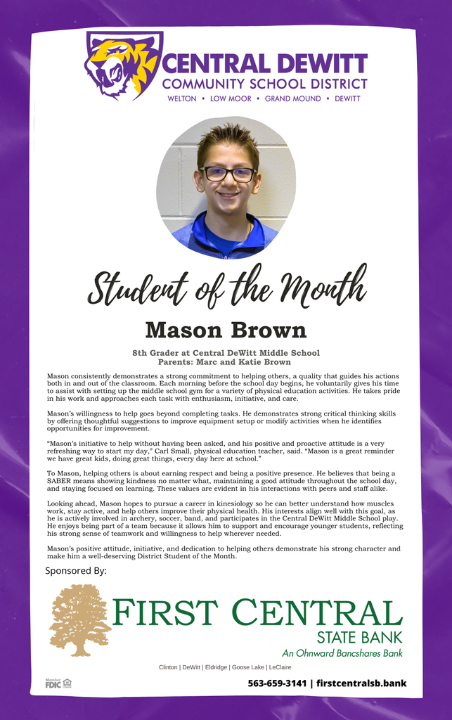 District Student of the Month Mason Brown