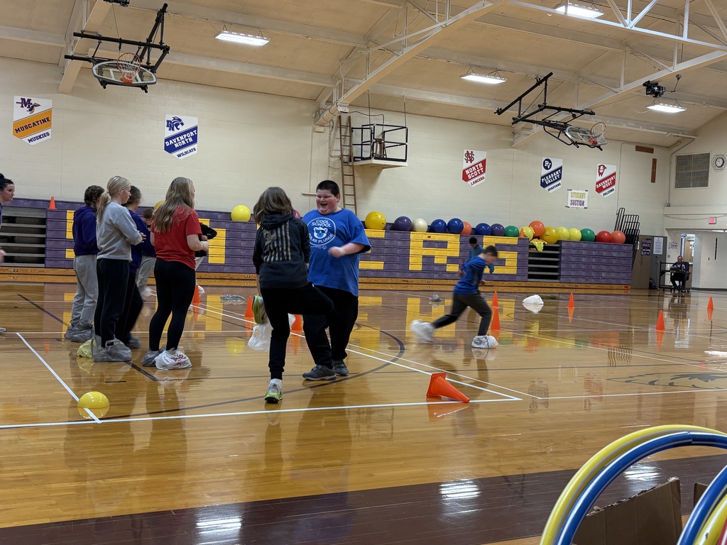 Peer Stem class doing speed skating as part of their recreation of the Winter Olympics