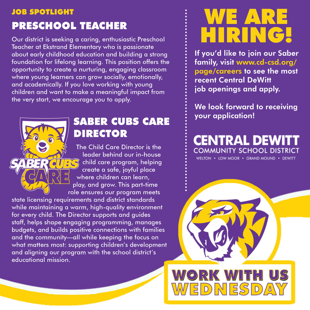 Work with us Wednesday - Preschool Teacher and Saber Cubs Care Director