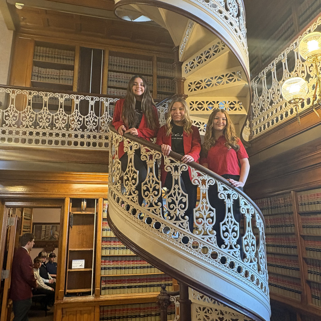 FCCLA students standing on library staircase