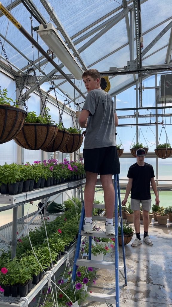 Students hanging the baskets in the greenhouse