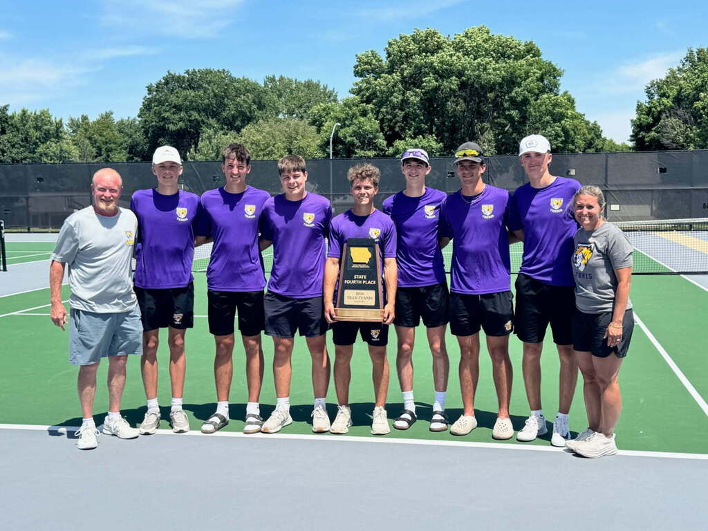 Saber Boys Tennis Team and Coach Small and Coach Froeschle with 4th Place Trophy